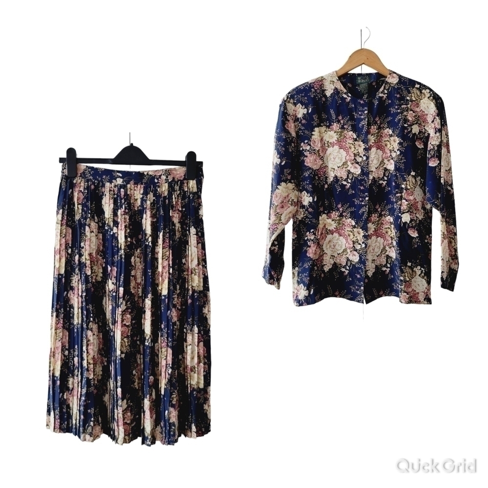 Vintage Alcott and Andrews Blue Floral Silk Blouse and Skirt Set